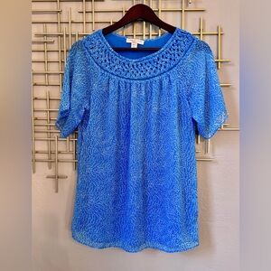 Coldwater Creek Blue Crochet Neck Blouse Size M